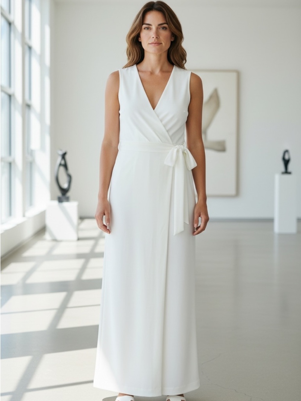 DKNY White Wide Leg Sleeveless Wrap Jumpsuit with Tie Fully Lined Size 10 V Neck